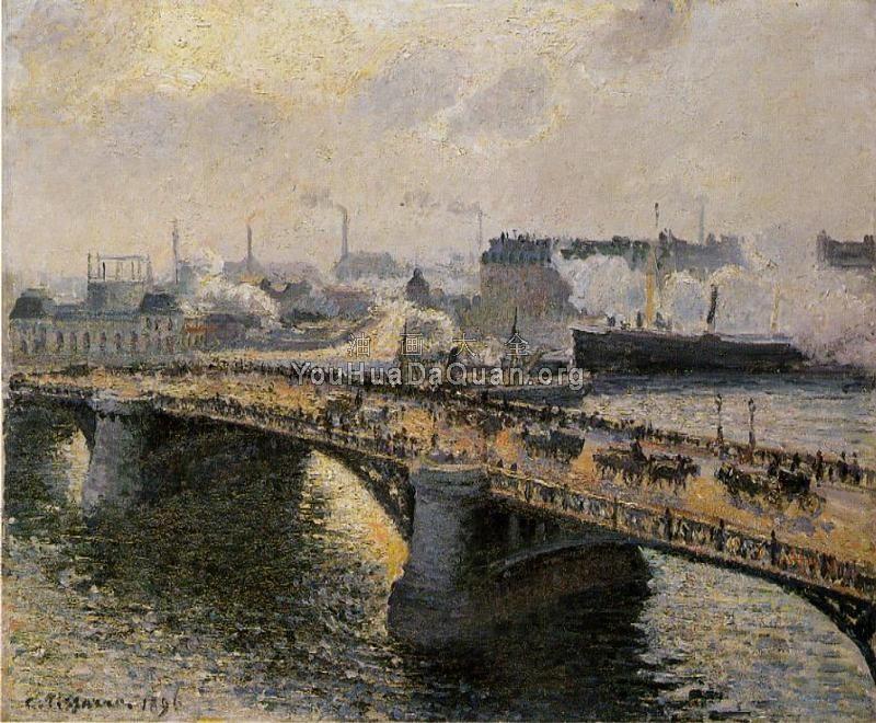 The Boieldieu Bridge, Rouen, Sunset, Misty Weather - 卡米耶·毕沙罗